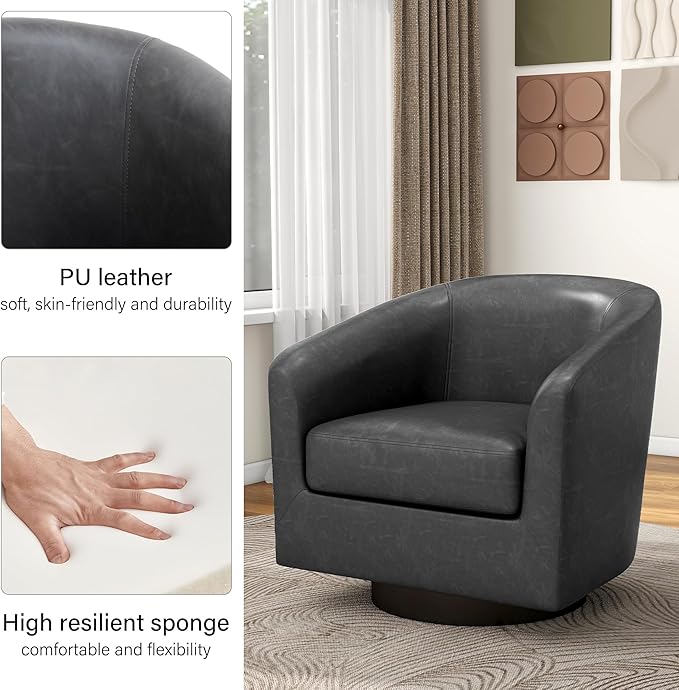 Swivel Barrel Accent Chair, Modern Round Faux Leather Arm Chair for Living Room, Bedroom, Comfy Club Reading Chairs for Adults(Faux Leather, Black Grey, Set of 1)