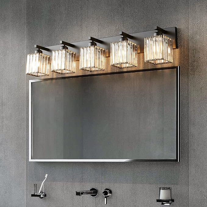 Modern Black Crystal Bathroom Vanity Light - 5-Lights Wall Light Fixtures