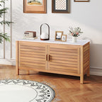 Goplus Patio Storage Cabinet, 2-Door Acacia Wood Storage Container with Faux Marble Top, Outdoor Wooden Sideboard for Deck, Garden, Lawn and Backyard