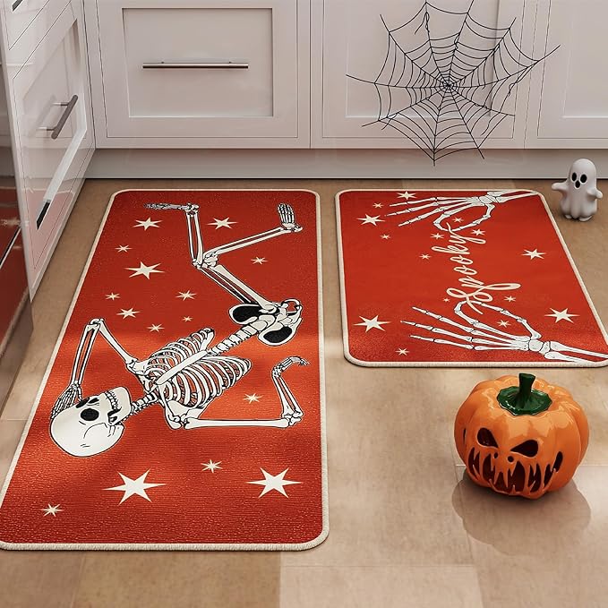 Halloween Kitchen Mat Set of 2, Spooky Skeleton Gothic Halloween Kitchen Decor, Halloween Rug for Floor, Indoor Spooky Home Decor with Non-Slip Backing,17 x 29 Inch & 17 x 47 Inch