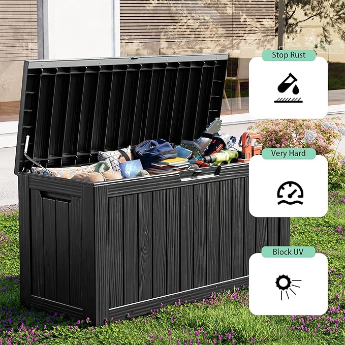 86 Gallon Outdoor Deck Box,Storage Lockable Waterproof Patio Furniture,Garden Tools,Cushions,Pool Accessories Outside Storage Resin Box(Black)