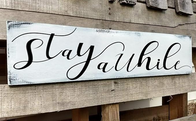 Farmhouse Stay Awhile Wood Sign, Entryway Sign Farmhous Wall Decor, Rustic Wall Art for Housewarming Gift (Stay Awhile) 4x16 Inch