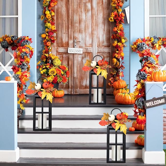 Fall Decorative Lanterns Outdoor, Waterproof 17.7" Decorative Lantern Indoor Decor Metal Hanging Candle Holder LED Flameless Candle Lantern for Patio, Porch, 2 Packs
