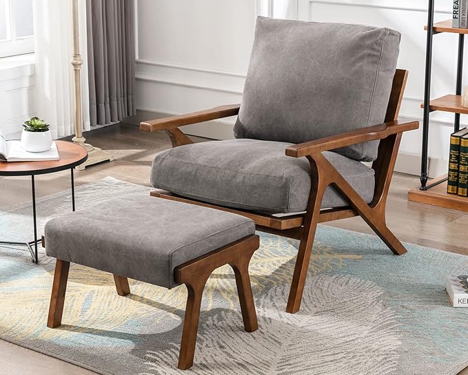 Mid Century Modern Accent Chair with ottoman, Farmhouse Linen Upholstered Living Room Armchair and Ottoman Set, 23" Seat Wide Retro Leisure Lounge Chair with Wood Frame for Home, Bedroom, Office, Grey