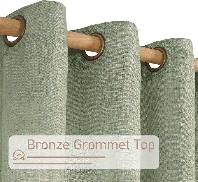 LAMIT Short Linen Window Curtains 30 inches Long 2 Panels, Sage Green Semi Sheer Light Filtering Panels Bronze Grommet Linen Textured Neutral Boho Christmas Drapes for Kitchen/Cafe, 34 x 30 Inch