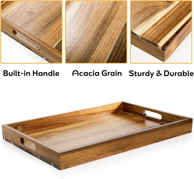 YOUEON 2 Pack Large Acacia Wood Serving Tray with Handles, 17x12 Inch Decorative Wood Trays for Serving Food, Party, Rectangle Ottoman Tray, Coffee Table Trays for Bed, Living Room, Kitchen