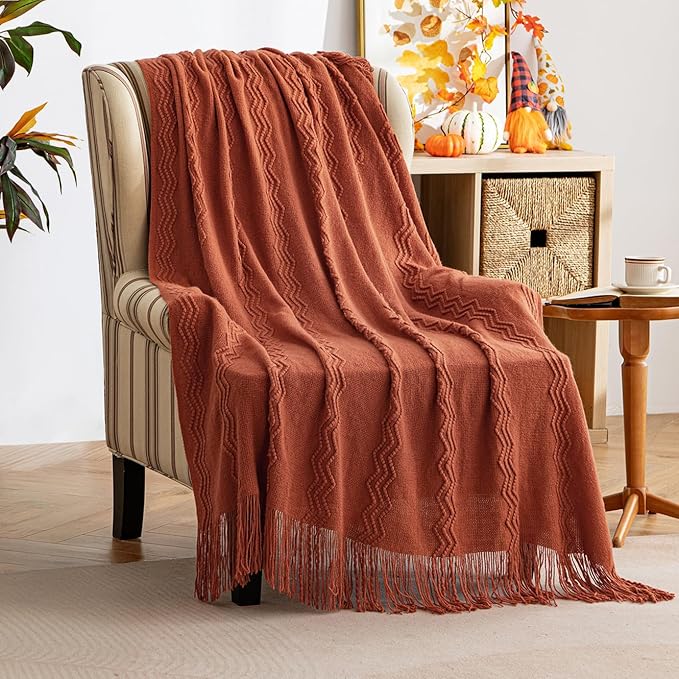 MIULEE Fall Rust Knitted Throw Blanket for Couch Terracotta Boho Textured Cozy Woven Rustic Blanket with Tassels for Sofa Chair Bed Living Room Farmhouse Decor Acrylic Wave Pattern 50"x60"