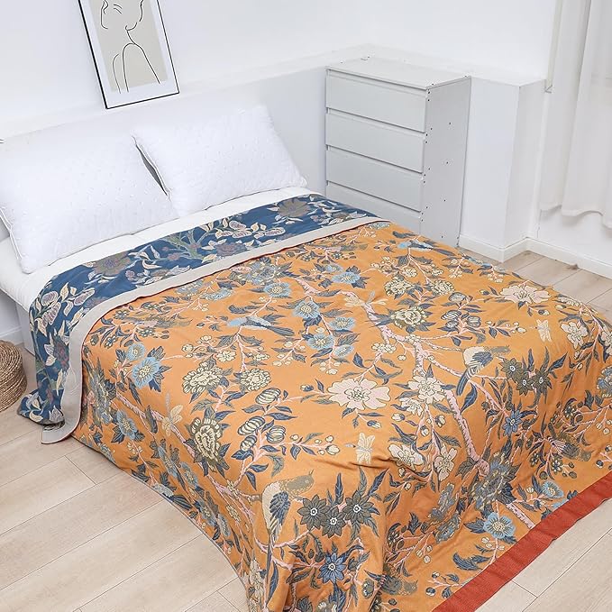Snycler Boho Throw Blanket for Bed - 100% Cotton Ultra Soft Rustic Quilt Blanket Orange Bird Floral Printed Farmhouse Decor Bed Blankets, 60"×80" All Season Rustic Throw for Sofa Couch Chair