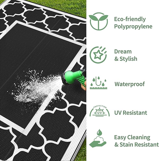 GENIMO 5' x 8' Outdoor Rug Waterproof for Patio Decor, Foldable Reversible Plastic Straw Area Rugs Mat for Camper, Outside Carpet for Rv, Deck, Porch, Picnic, Beach, Balcony, Black & White