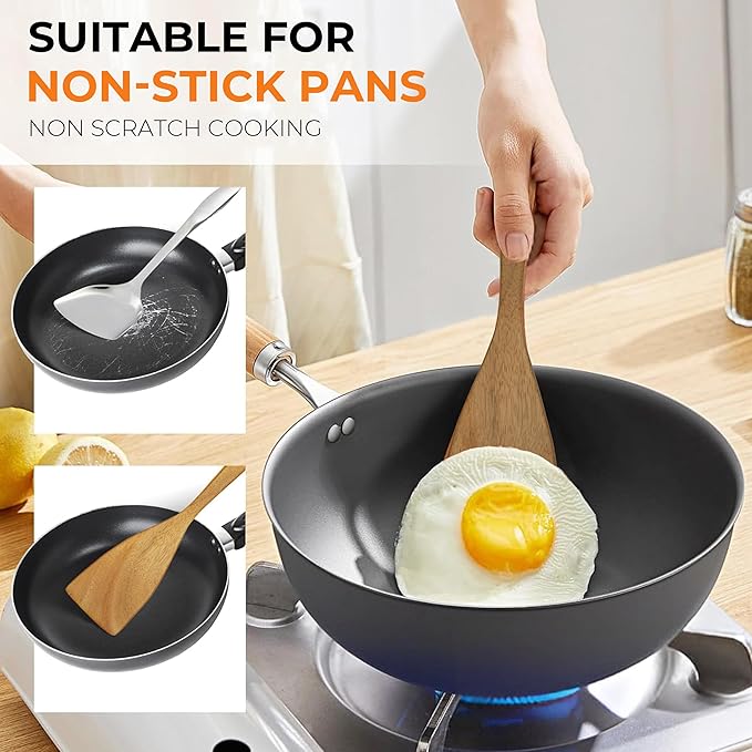 Acacia Wood Spatula Set of 3 - Natural Wooden Cooking Utensils for Nonstick Pans, Scratch-Proof & Heat Resistant, Sturdy & Lightweight Kitchen Tools with Hanging Holes