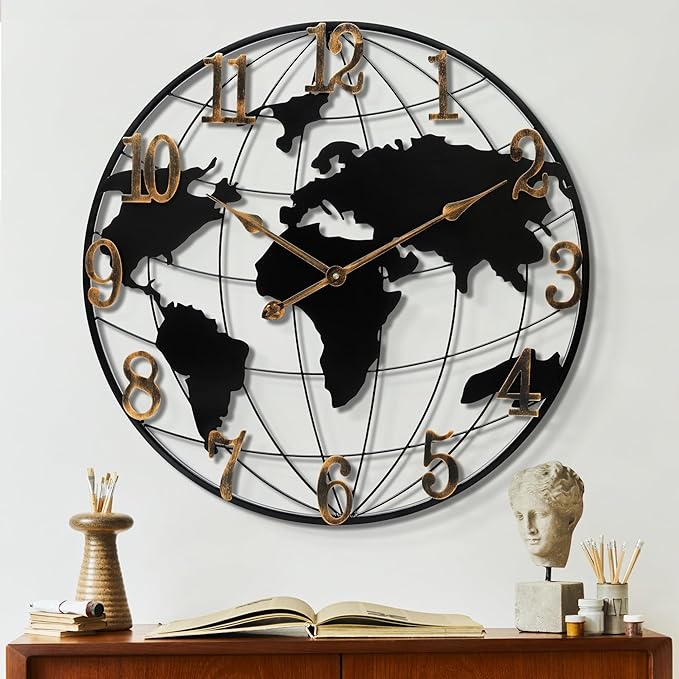 Large Wall Clock - 24 Inch World Map Minimalist Modern Round Metal Wall Clock Silent Non-Ticking Battery Operated Wall Clocks for Living Room Kitchen Office Farmhouse Home Decor