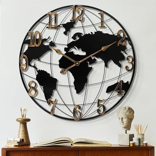 Extra Large World Map Wall Clock - 40 Inch Minimalist Modern Round Metal Silent Non-Ticking Battery Operated for Living Room Office Farmhouse Home Decor