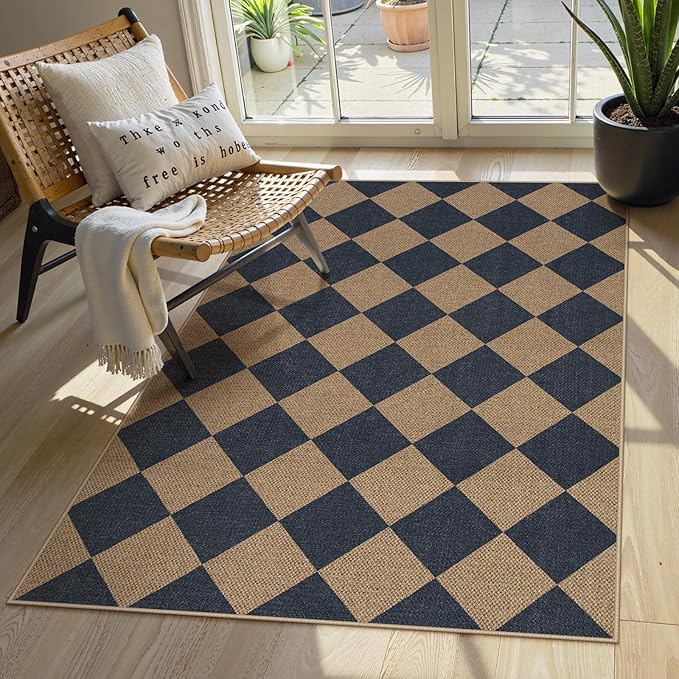 Lahome Checkered Easy Jute Entryway Rug, 3x5 Washable Area Rugs for Living Room Outdoor Patio, Non Slip Blue Indoor Door Mat Checkerboard Throw Carpet for Entry Front Door Guestroom Deck