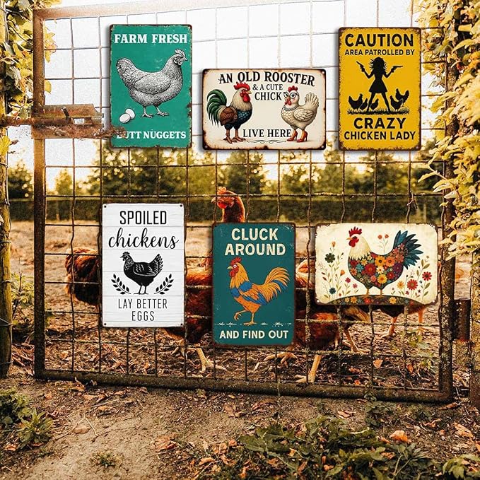 6 Pack Chicken Coop Signs – Vintage Farm Accessories Funny Metal Tin Signs for Outdoor Chicken Coop Decor, Farmhouse Wall Art, Rustic Barn Yard Decorations, 8x12 Inch
