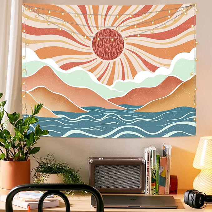 Lunerfex Boho Sun Tapestry Sunset Wall Tapestry, Mountain Tapestries for Bedroom 80s Tapestries Wall Hanging for Bedroom Living Room Decor Boho-2 44"x60"