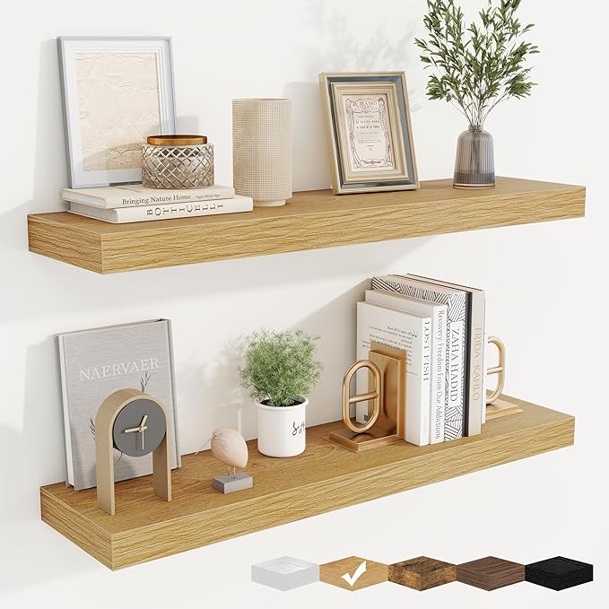 fuqing Floating Shelves for Wall, Bathroom Shelf Wall Mounted for Storage, Shelves with Invisible Bracket for Bedroom, Kitchen, Living Room, Farmhouse Small Book Shelf, 30 Inch Set of 2, Oak