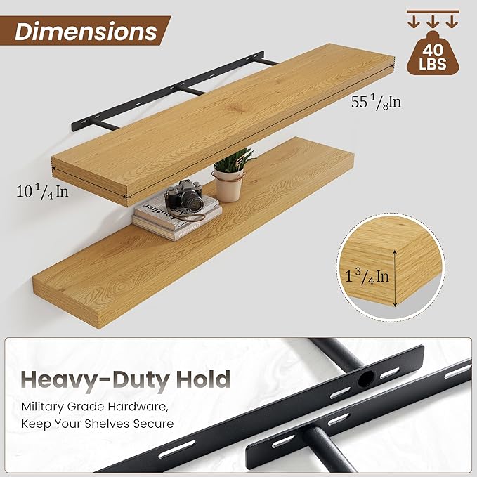 Heimlove 55 Inch Floating Shelves for Wall,10 Deep Large Rustic Wall Shelf with Heavy Duty Brackets,Mounted Storage & Display Shelves for Bedroom,Living Room,Kitchen,Office,Set of 2,Oak Color