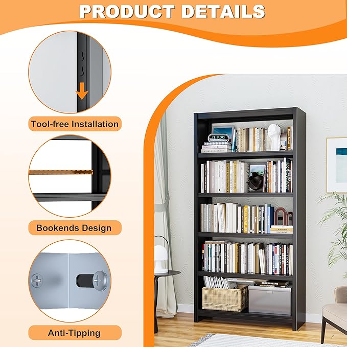 5 Tier Book Shelf, Metal Bookshelf, 69.3” Tall Black Bookcase, Free-Standing Industrial Bookshelves, Tools-Free Assembly Book Storage Organizer for Bedroom, Living Room, Office (Black)
