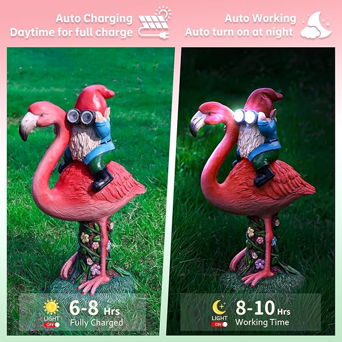 Solar Flamingo Gnome Garden Decor Statue, Outdoor Funny Solar Light Decoration for Yard, Patio, Lawn, Unique Housewarming, Birthday Gift for Women, Mom, Grandma