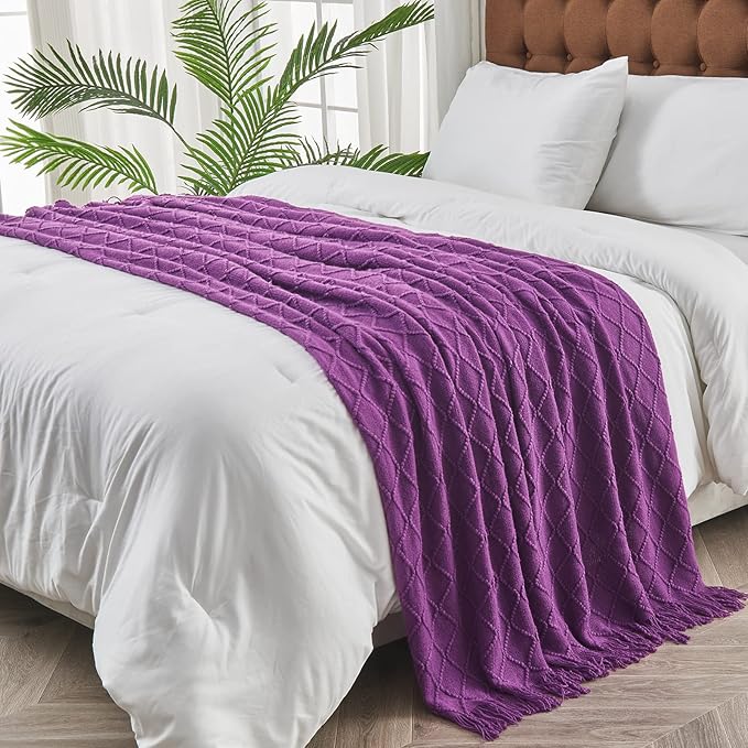 inhand Valentine's Day Gifts Throw Blanket Purple for Couch, Soft Living Room Home Decor Twin Size Knitted Blanket, Outdoor Lightweight Breathable Summer Blanket, Farmhouse Woven Decorative, 60"x80"