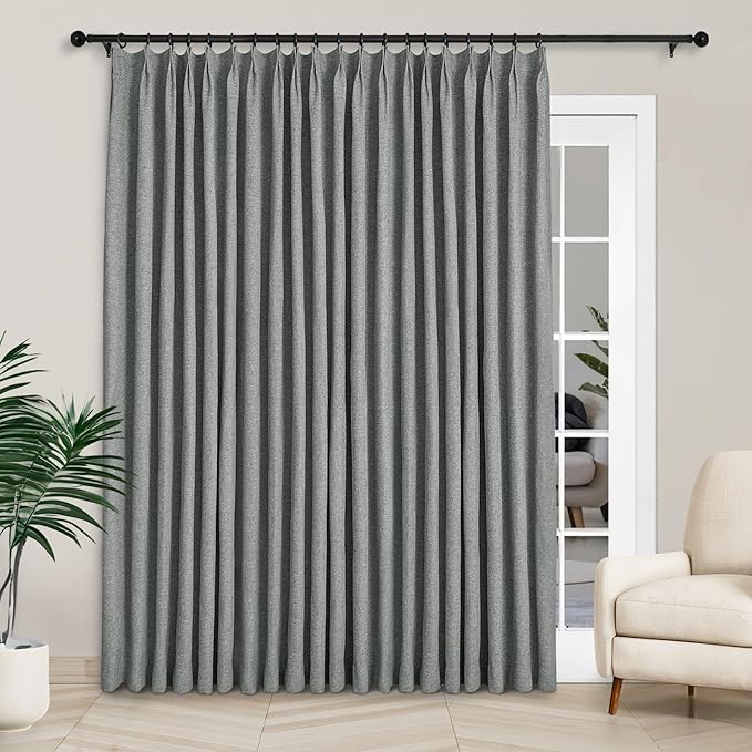 Macochico 100”Wx96”L Pinch Pleated 100% Blackout Linen Curtains Thermal Sliding Curtains for Bedroom Living Room Sliding Glass Door Farmhouse Shabby Chic Mid Grey Drapery with Tieback 1 Panel