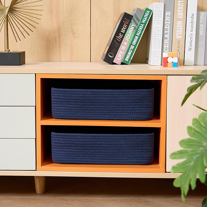 Large Shallow Organizing Baskets 15x11x5.1 Inches - Rope Woven Storage Bins for Bathroom, Shelves, Cube Closet, Navy Blue 2 Packs