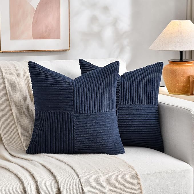 Fancy Homi 2 Packs Navy Blue Samll Decorative Throw Pillow Covers 14x14 Inch with for Couch Bed Sofa, Rustic Farmhouse Boho Home Decor, Soft Corss Patchwork Corduroy Square Cushion Case 35x35 cm