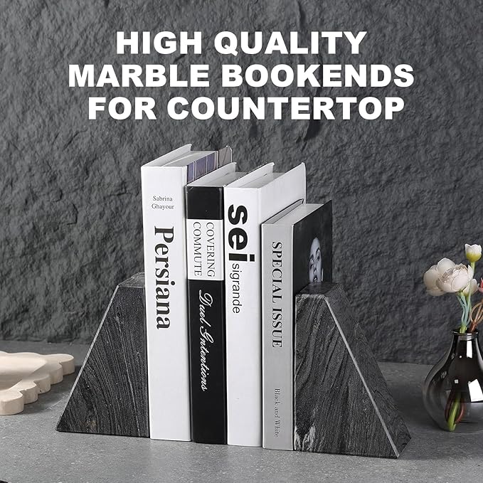 Marble Bookends for Heavy Books, Decorative Book Ends for Shelves, Titanium Black Stone Durable and Heavy-Duty Book Ends for Hardback Books & CDS, Unique Book Stopper & Holder, Set of 2