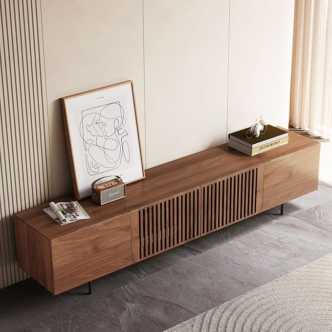 Mid Century Modern TV Stand for 80+ Inch TVs, 94.48" Walnut Console with Ample Storage – Stylish Entertainment Center for Living Room or Bedroom