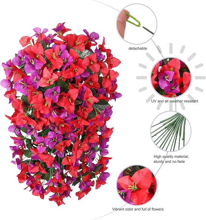 Faux Bougainvillea Artificial Flowers Plants for Outdoors Outside Decoration, 2pcs Fake Flowers Silk Long Trailing Vines UV Resistant Realistic for Front Door Porch Planter Urn Patio Balcony Yard, Mix