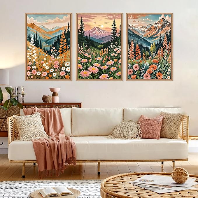 HPINUB Mountain Sunset Floral Framed Canvas Wall Art Set,Colorful Wildflower Daisy Flower Wall Decor,Boho Blossom Botanical Artwork Modern Nature Landscape Art Print for Living Room,Bedroom-16 x24 x3