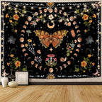 Aipon Orange Butterfly Moon Flower Tapestry Botanical Floral Plant Boho Tapestry for Bedroom Aesthetic Vintage Tapestries Wall Hanging for Living Room Dorm (60.00'' × 80.00'', Orange)