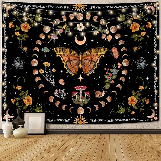 Aipon Orange Butterfly Moon Flower Tapestry Botanical Floral Plant Boho Tapestry for Bedroom Aesthetic Vintage Tapestries Wall Hanging for Living Room Dorm (60.00'' × 80.00'', Orange)