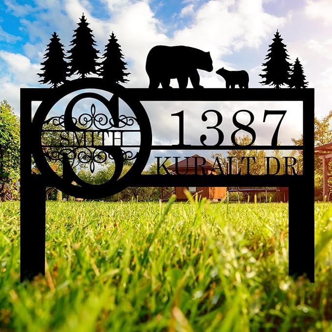 Personalized Custom Bear Wildlife Decor with Metal Stake - Address House Number Name Sign for Farmhouse, Yard, Camping