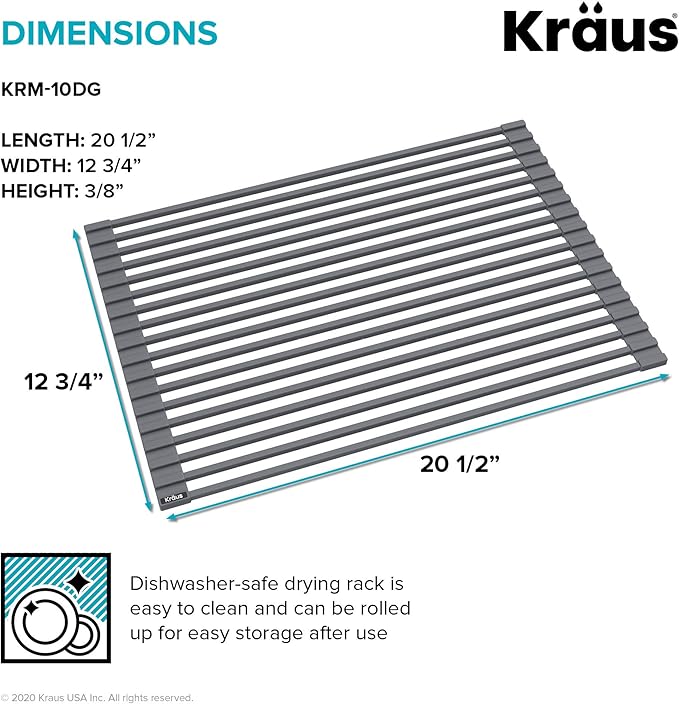 Kraus Multipurpose Over-Sink Roll-Up Dish Drying Rack, Colander and Trivet in Dark Grey, KRM-10DG