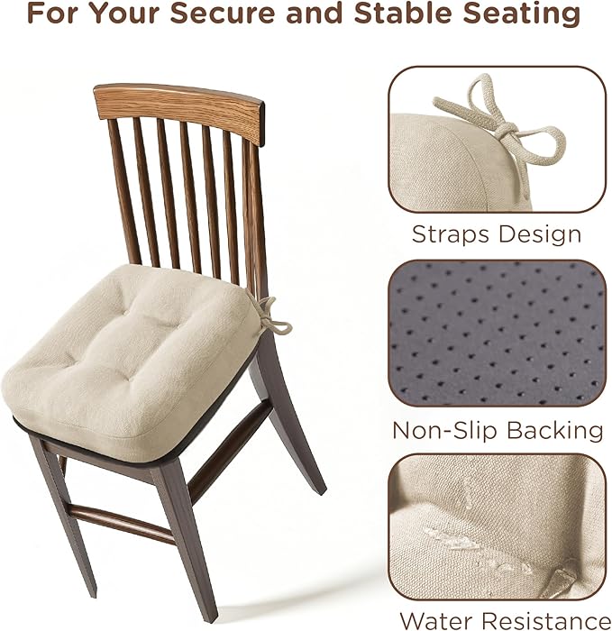 Codi 6 Pack Dining Chair Cushions, Thick Chairs Pads for Indoor Kitchen Room - Washable, Non-Slip Seat Cushion with Ties, 16.5"x16.5"x 3.5", Set of 6, Beige