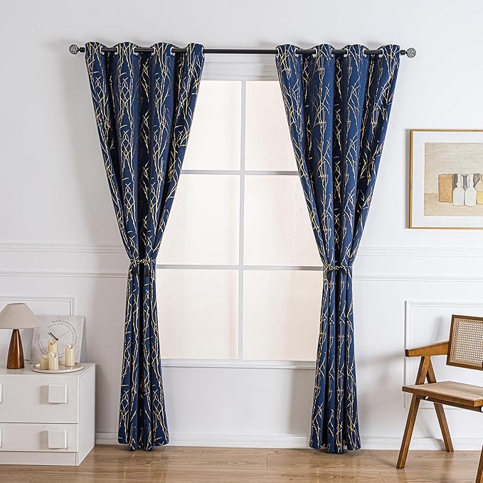 Grommets Blackout Long Window Curtains Navy Blue Gold-52W*95L 2PCS Drapes for Bedroom