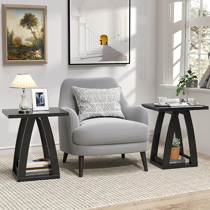 End Tables Living Room, Side Table Beside Sofa, Nightstand for Bedroom, Couch Side Table with Shelf, Modern End Table for Living Room, Black End Table