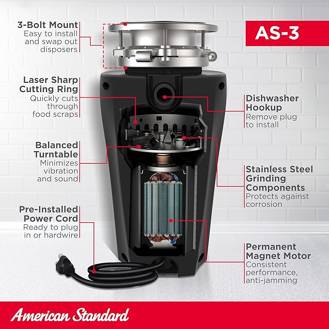 American Standard 10-US-AS-3 Garbage Disposal Anti-Jam Stainless Steel Food Waste Grinding System, Slim Line, 1/3 HP, Black
