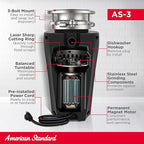 American Standard 10-US-AS-3 Garbage Disposal Anti-Jam Stainless Steel Food Waste Grinding System, Slim Line, 1/3 HP, Black
