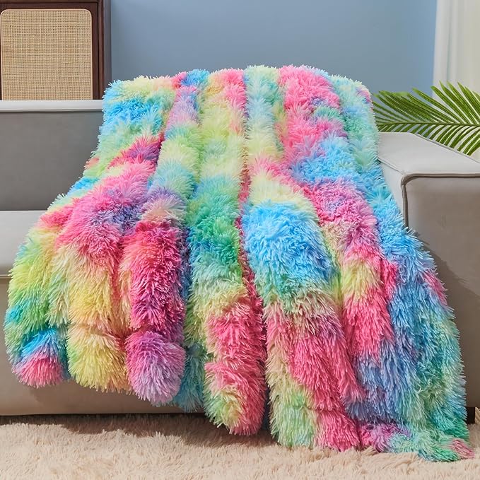 GONAAP Fuzzy Faux Fur Throw Blanket Dark Rainbow Super Soft Cozy Plush Fuzzy Shaggy Blanket for Couch Sofa Bed (Dark Rainbow, Throw(50"x60"))