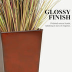 WORTH Garden 28" Large Metal Glazed Planter Set of 2, Luxurious Glossy Finish Red Tall Square Tapered Steel Plant Pots, Decor Flower Pot Indoor & Outdoor, Drainage Hole & Dual-Purpose Plant Saucer