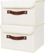 ANMINY 2PCS Storage Bins with Lid PU Leather Handles Storage Boxes PP Plastic Board Decorative Foldable Lidded Cotton Linen Fabric Home Cubes Baskets Closet Organizer Containers - Beige, Small Size