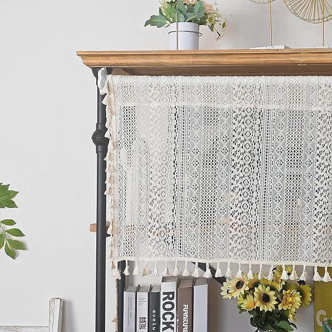 Sutuo Home Boho Sheer Curtain Valance Crochet Lace with Bohemian Hollow Knitted Handmade Tassels, Short Farmhouse Window Treatment for Kitchen Cafe, Rod Pocket, 1 Panel 59" W x 18" L, Beige