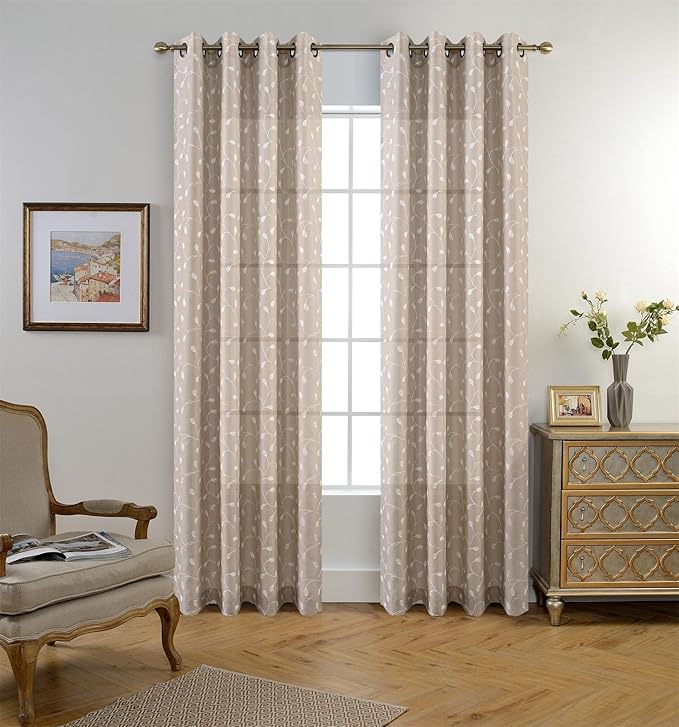 MIUCO Floral Embroidered Semi Sheer Curtains Faux Linen Grommet Curtains for Kitchen 52 x 84 Inch 2 Panels, Linen