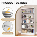 White Bookshelf, 55” Adjustable Tall Metal Bookshelf, 5-Tier Wide Bookshelf with Anti-Tilt Device, Modern Book Cases and Book Shelves for Bedroom, Living Room, Playroom, Study