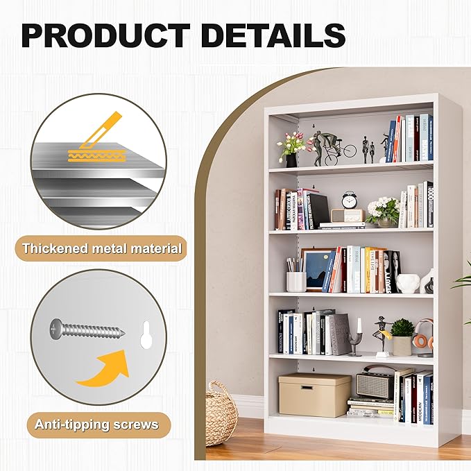 White Bookshelf, 55” Adjustable Tall Metal Bookshelf, 5-Tier Wide Bookshelf with Anti-Tilt Device, Modern Book Cases and Book Shelves for Bedroom, Living Room, Playroom, Study