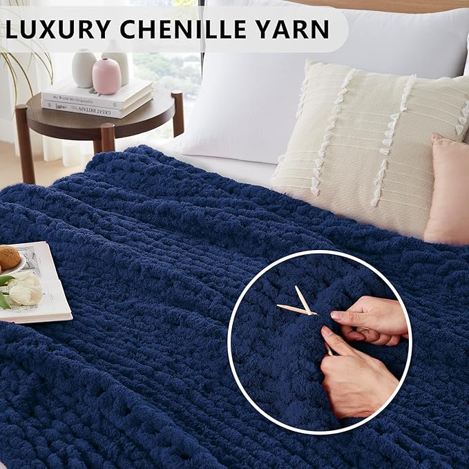 L'AGRATY Chunky Knit Throw: 72''x84'' Chenille Blanket for Bed Couch - Handmade Thick Big Cable Knit - Large Crochet Throw for Home Decor (Navy Blue)