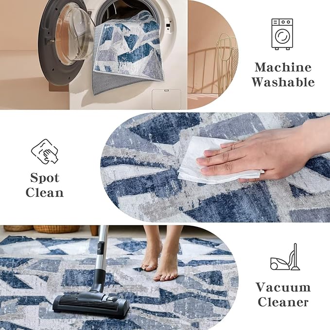 Modern Abstract Door Mat Indoor Entrance 2X3 Blue Rug Washable, Non-Slip Small Rugs for Entryway Bathroom Ultra-Thin, Throw Carpet for Kitchen Bedroom Nursery Kids Print Faux Wool