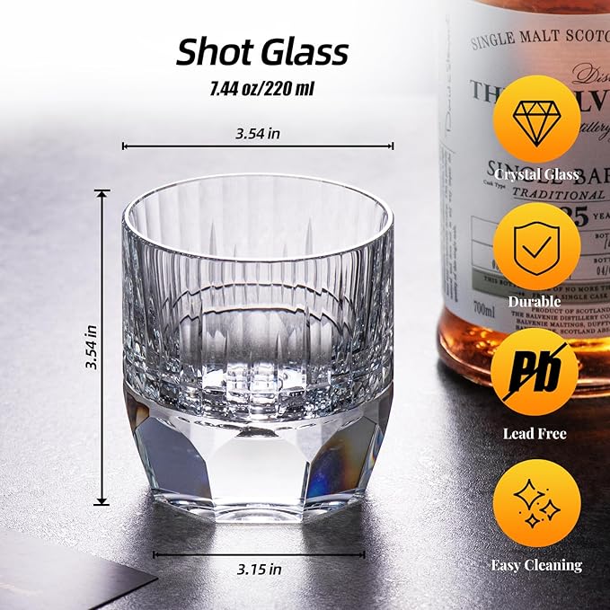 KAMMAK Crystal Whiskey Glasses Set of 2, 7.44oz Old Fashioned Glasses Stemless, Luxury Hand Blown White Cocktail Glasses, Handcrafted Cut Design Octagon Cup for Women, Men Gift for Bourbon